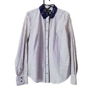 J Crew Navy Striped Sequin‎ Collar Button-Down Shirt 6